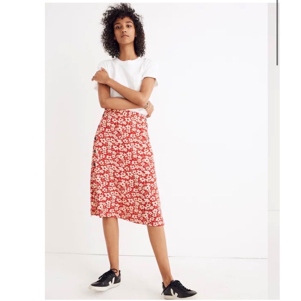 Madewell Side Button Midi‎ Skirt Retro Floral Cranberry Viscose Size 2 (C)